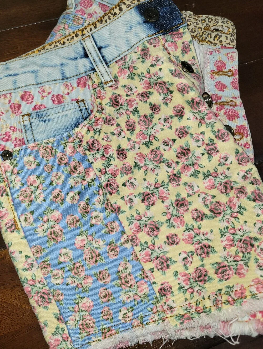 Anthropologie Patchwork Floral Denim Shorts - Blue, Yellow, Pink - Picture 5 of 6